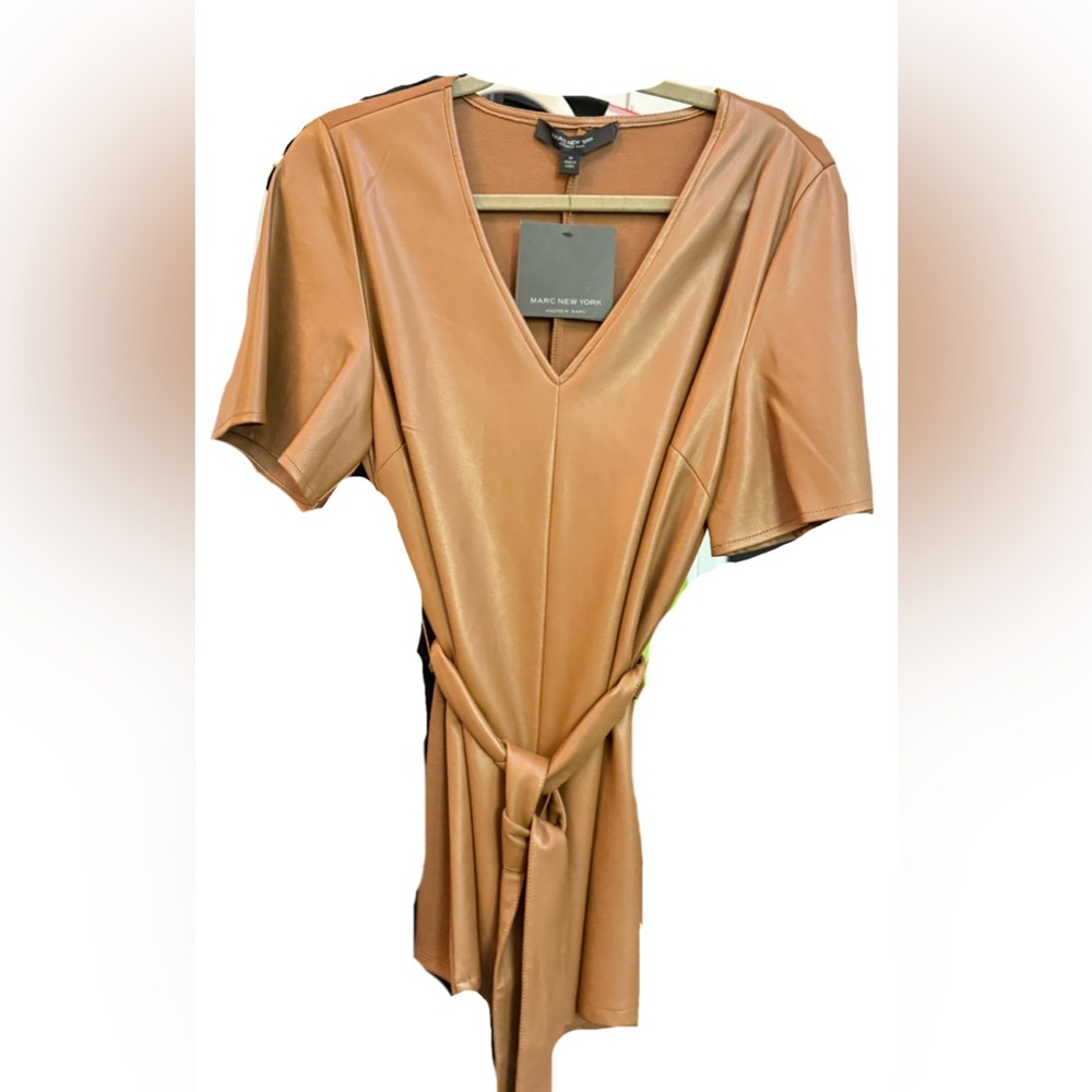 NWT Tan Vegan Leather V-Neck A-Line Shirt with Tie Belt